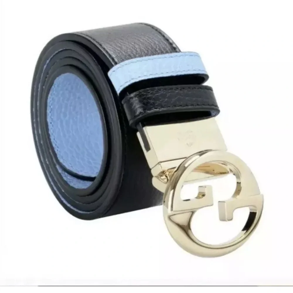 Gucci GG Dollar Calf Leather Nero Black/ Mineral Blue Reversible Belt Size 80/32